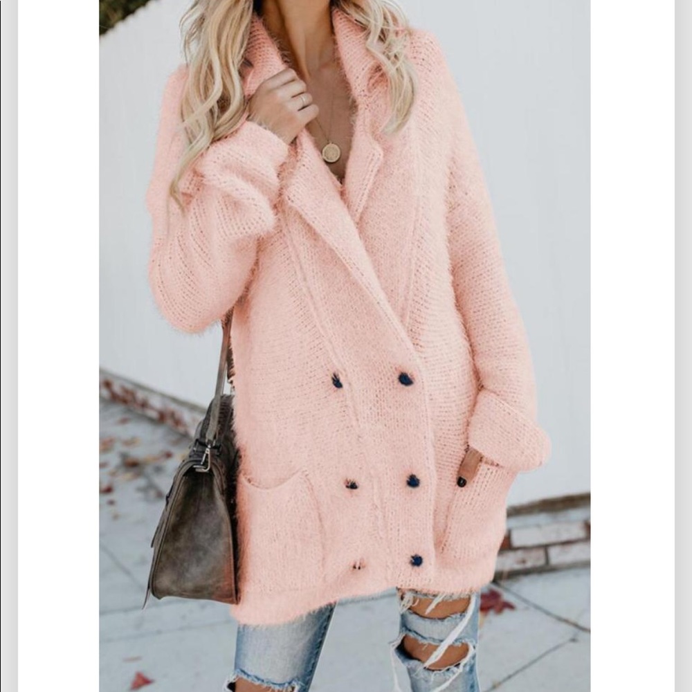 🔥COZY CARDIGAN🔥WARM FUZZY DOUBLE BREASTED POCKET CARDIGAN SWEATER PINK NWT - Picture 4 of 9
